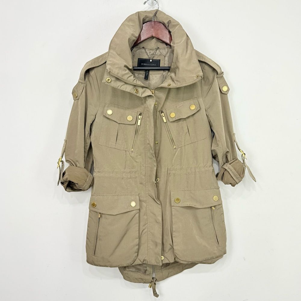 BCBGMAXAZRIA BROOKE Taupe Khaki Multi Pocket Utility Anorak Zip Up Jacket